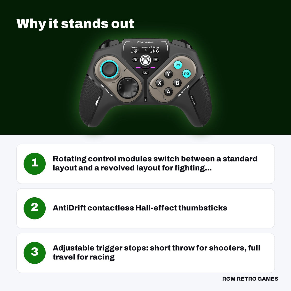 Turtle Beach Stealth Pivot Wireless Smart Controller key features: Rotating control modules switch between a standard layout and a revolved layout for fighting..., AntiDrift contactless Hall-effect thumbsticks, Adjustable trigger stops: short throw for shooters, full travel for racing