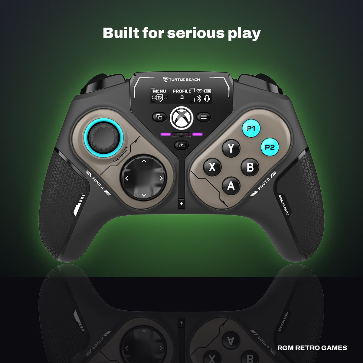 Turtle Beach Stealth Pivot Wireless Smart Controller in a dark studio setting