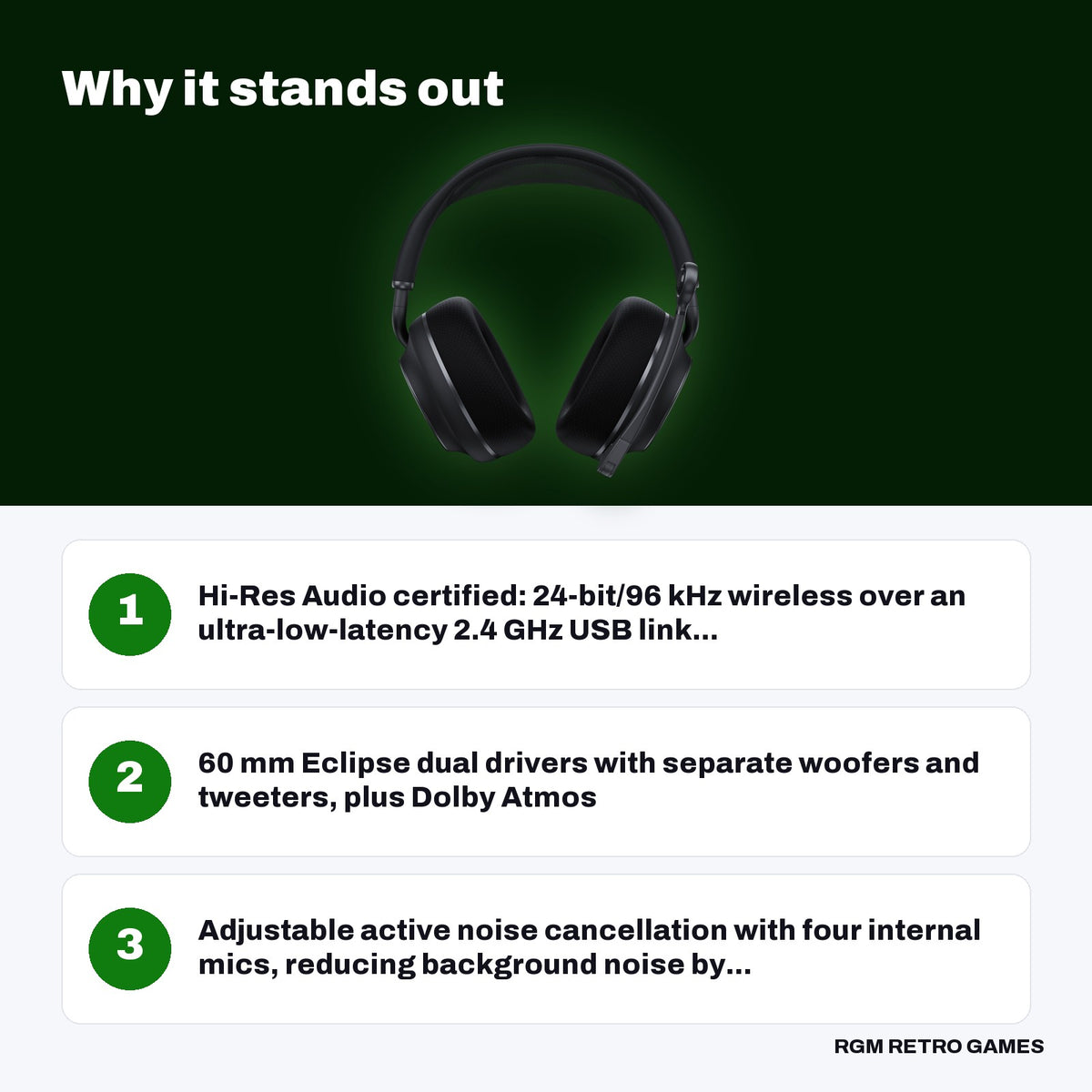 Turtle Beach Stealth Pro II Wireless Gaming Headset for Xbox (Black) key features: Hi-Res Audio certified: 24-bit/96 kHz wireless over an ultra-low-latency 2.4 GHz USB link..., 60 mm Eclipse dual drivers with separate woofers and tweeters, plus Dolby Atmos, Adjustable active noise cancellation with four internal mics, reducing background noise by...