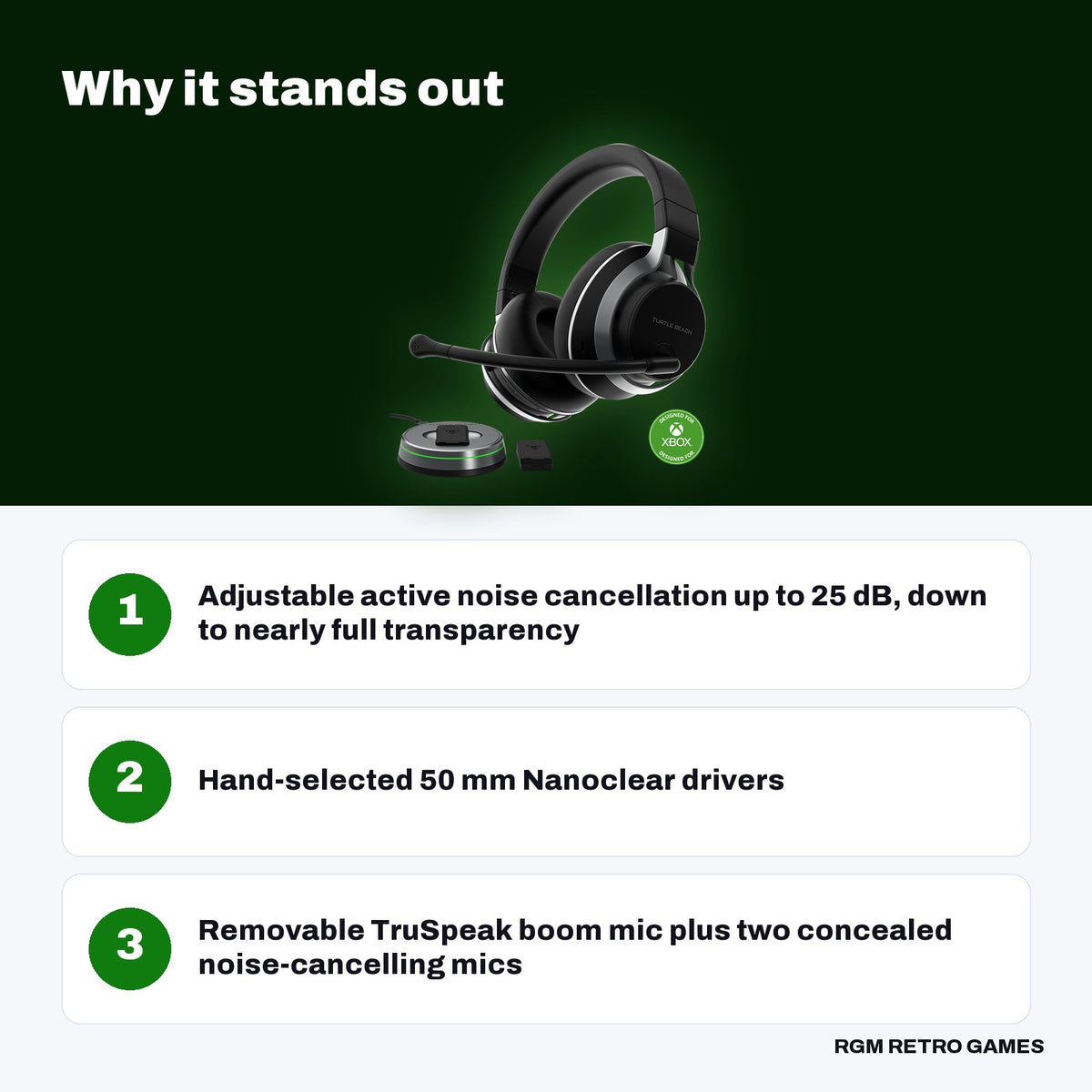 Turtle Beach Stealth Pro Wireless Noise-Cancelling Gaming Headset for Xbox - Black key features: Adjustable active noise cancellation up to 25 dB, down to nearly full transparency, Hand-selected 50 mm Nanoclear drivers, Removable TruSpeak boom mic plus two concealed noise-cancelling mics