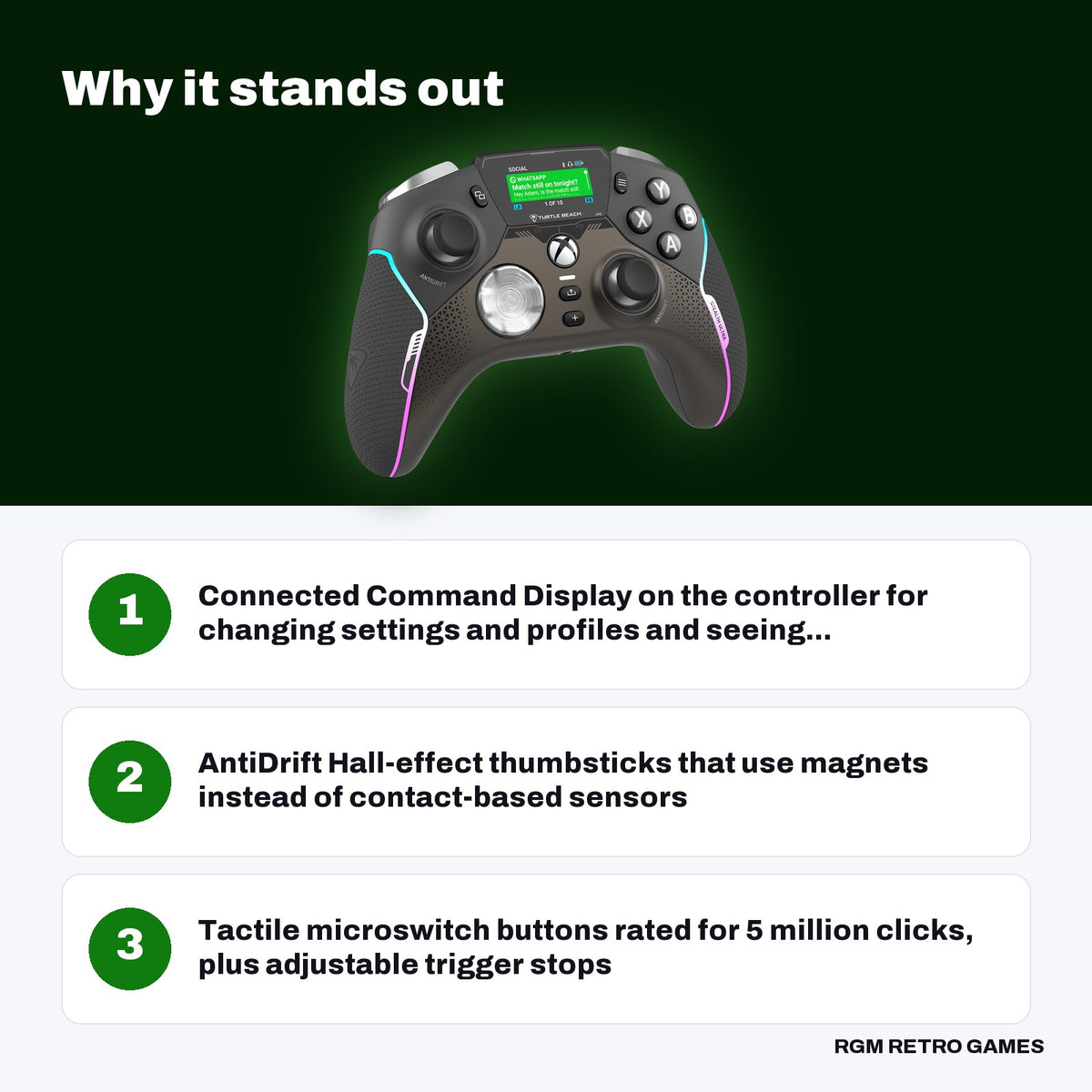 Turtle Beach Stealth Ultra Wireless Controller with Rapid Charge Dock for Xbox key features: Connected Command Display on the controller for changing settings and profiles and seeing..., AntiDrift Hall-effect thumbsticks that use magnets instead of contact-based sensors, Tactile microswitch buttons rated for 5 million clicks, plus adjustable trigger stops