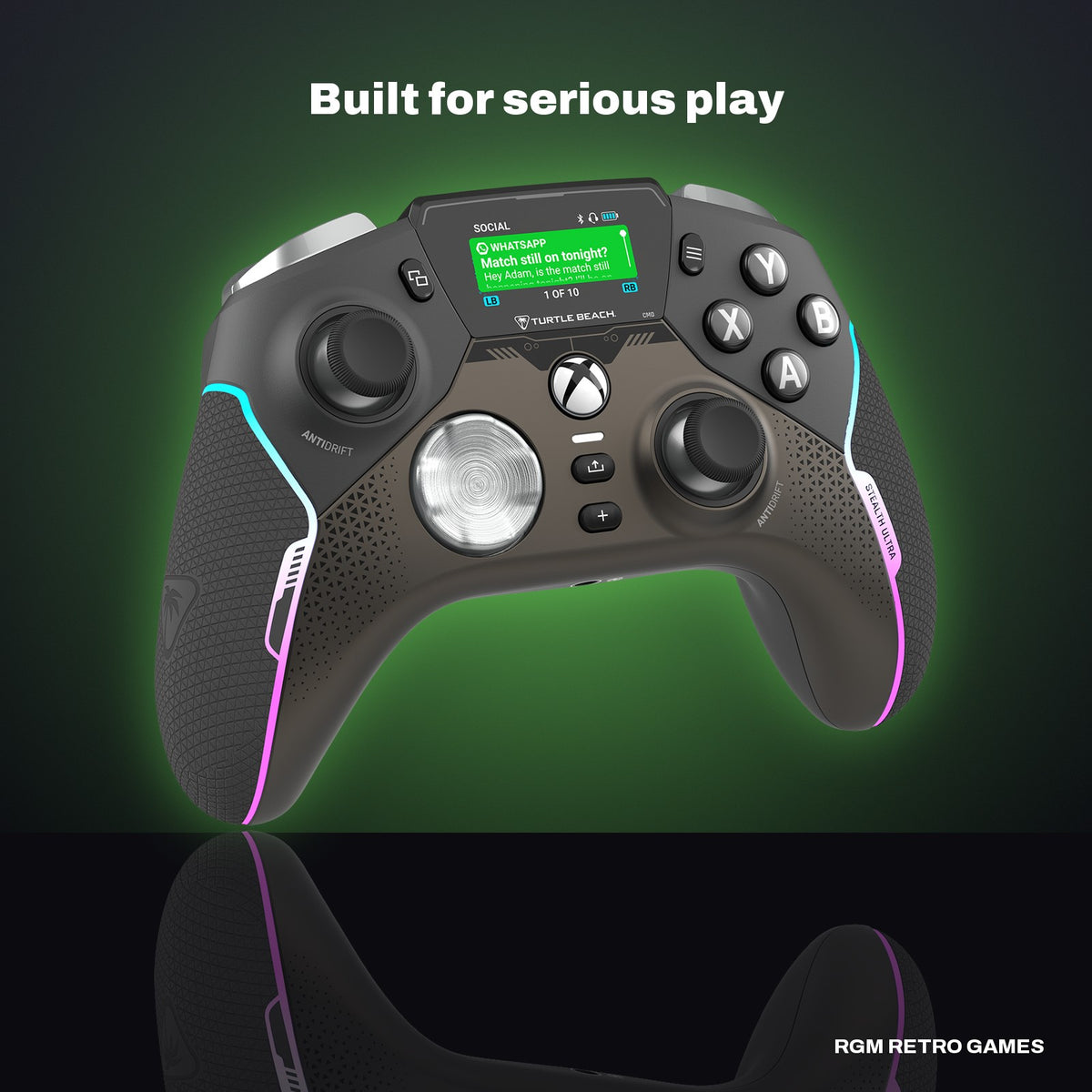 Turtle Beach Stealth Ultra Wireless Controller with Rapid Charge Dock for Xbox in a dark studio setting