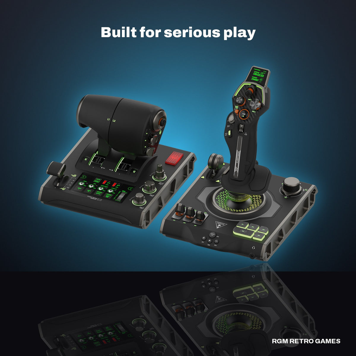 Turtle Beach VelocityOne Flightdeck Universal HOTAS Simulation System for Windows PC in a dark studio setting