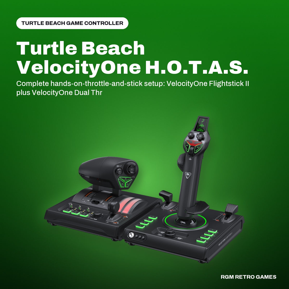 Turtle Beach VelocityOne H.O.T.A.S. Flight Sim System for Xbox Series X|S and Windows PC (Flightstick II + Dual Throttle) in a Turtle Beach color scene