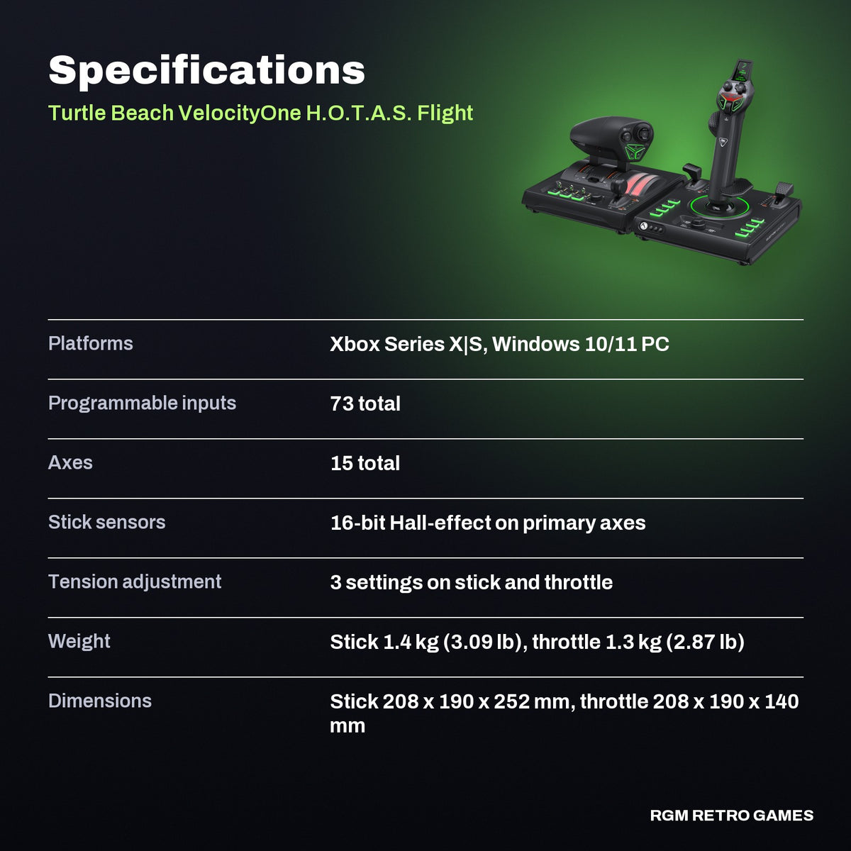 Turtle Beach VelocityOne H.O.T.A.S. Flight Sim System for Xbox Series X|S and Windows PC (Flightstick II + Dual Throttle) specifications