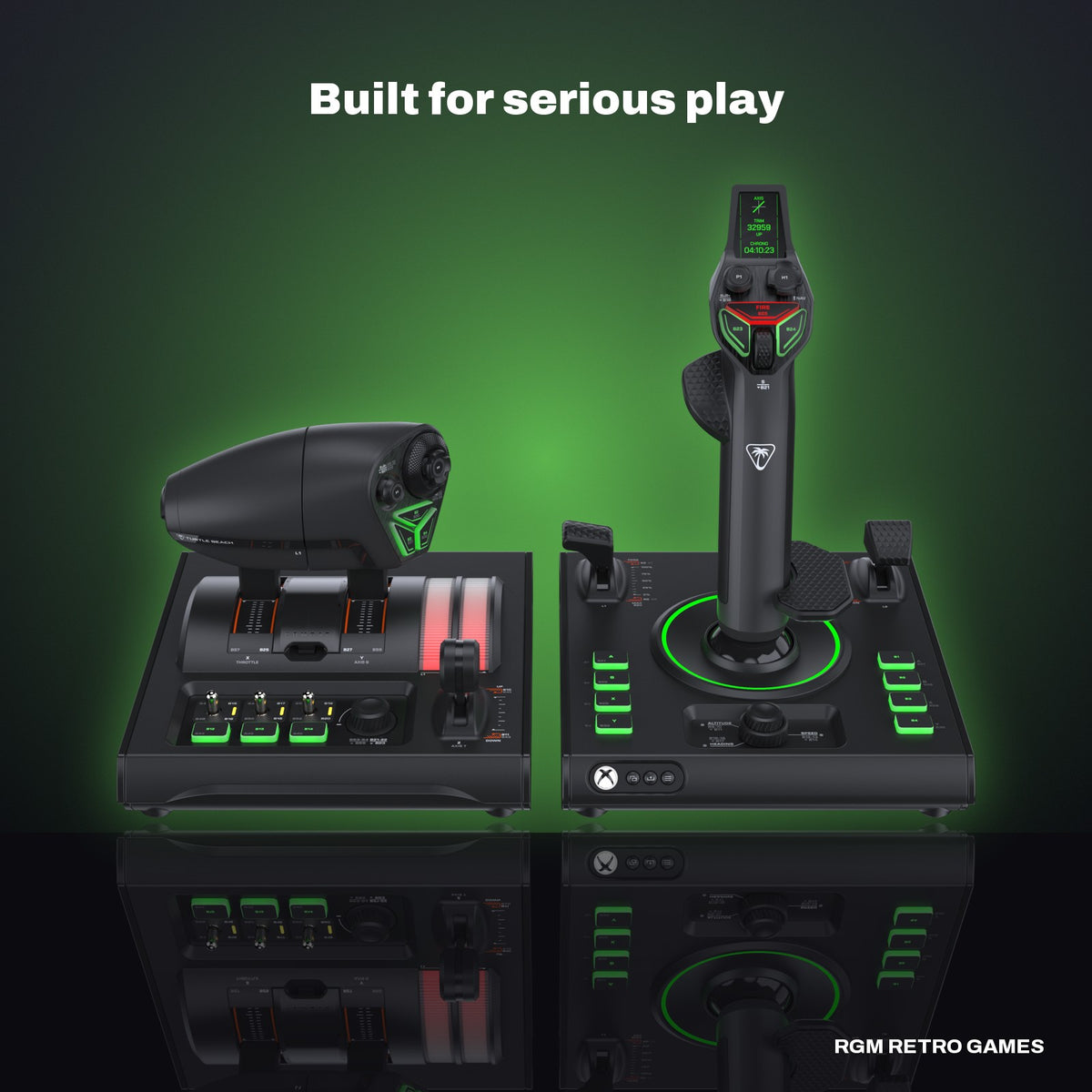 Turtle Beach VelocityOne H.O.T.A.S. Flight Sim System for Xbox Series X|S and Windows PC (Flightstick II + Dual Throttle) in a dark studio setting