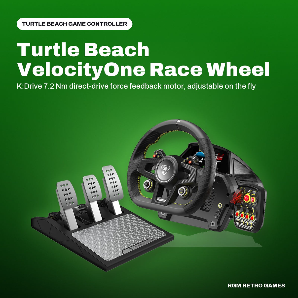 Turtle Beach VelocityOne Race Wheel & Pedal System for Xbox Series X|S, Xbox One and Windows PC in a Turtle Beach color scene