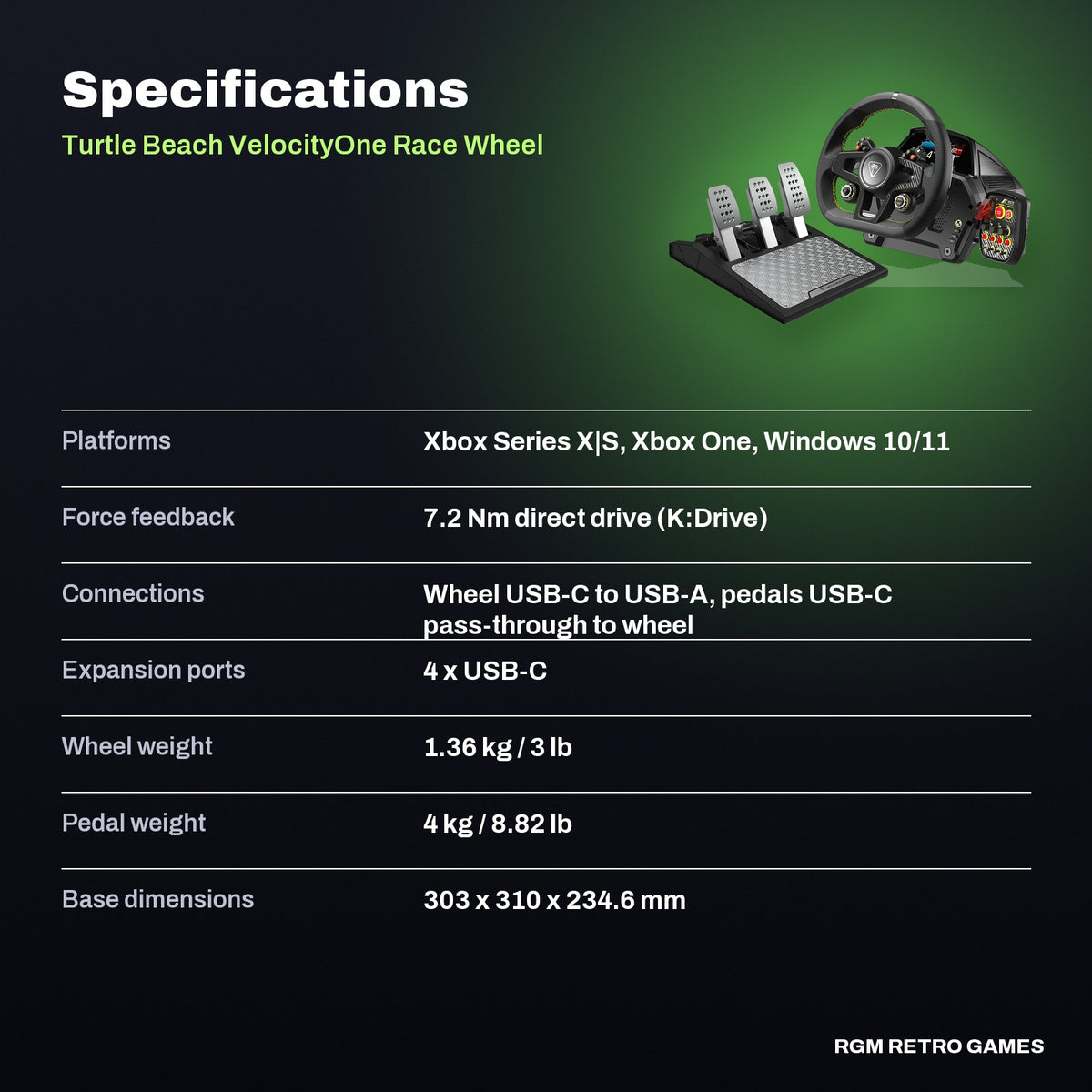 Turtle Beach VelocityOne Race Wheel & Pedal System for Xbox Series X|S, Xbox One and Windows PC specifications