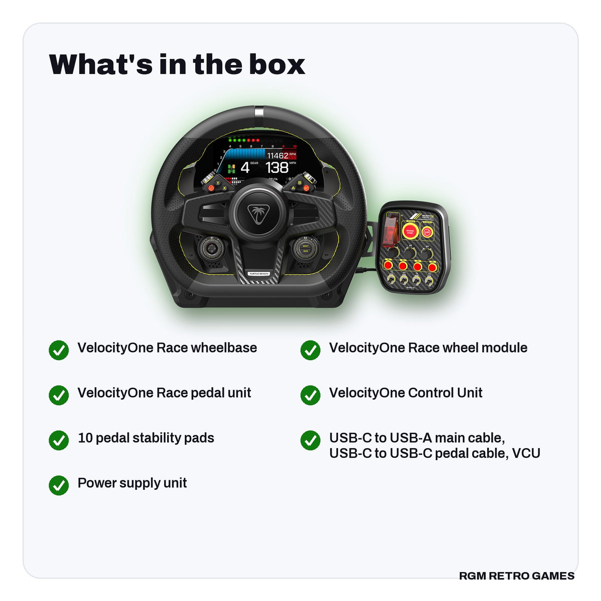 What's in the box with the Turtle Beach VelocityOne Race Wheel & Pedal System for Xbox Series X|S, Xbox One and Windows PC