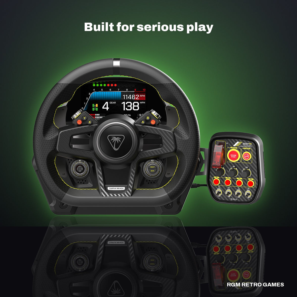 Turtle Beach VelocityOne Race Wheel & Pedal System for Xbox Series X|S, Xbox One and Windows PC in a dark studio setting