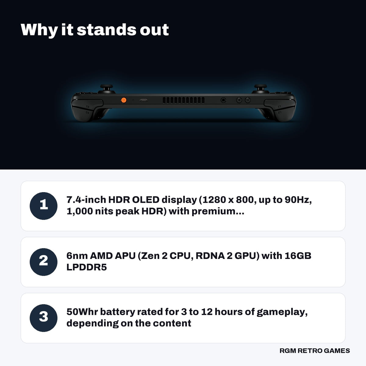 Valve Steam Deck OLED 1TB key features: 7.4-inch HDR OLED display (1280 x 800, up to 90Hz, 1,000 nits peak HDR) with premium..., 6nm AMD APU (Zen 2 CPU, RDNA 2 GPU) with 16GB LPDDR5, 50Whr battery rated for 3 to 12 hours of gameplay, depending on the content