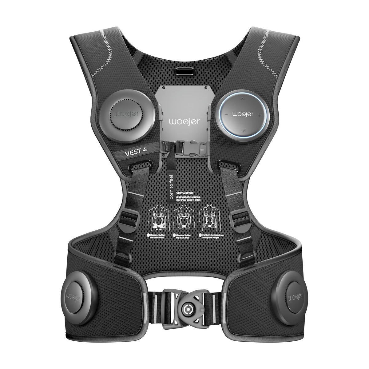 Woojer Vest 4 High-Fidelity Haptic Vest (Core Black), front view on a white background