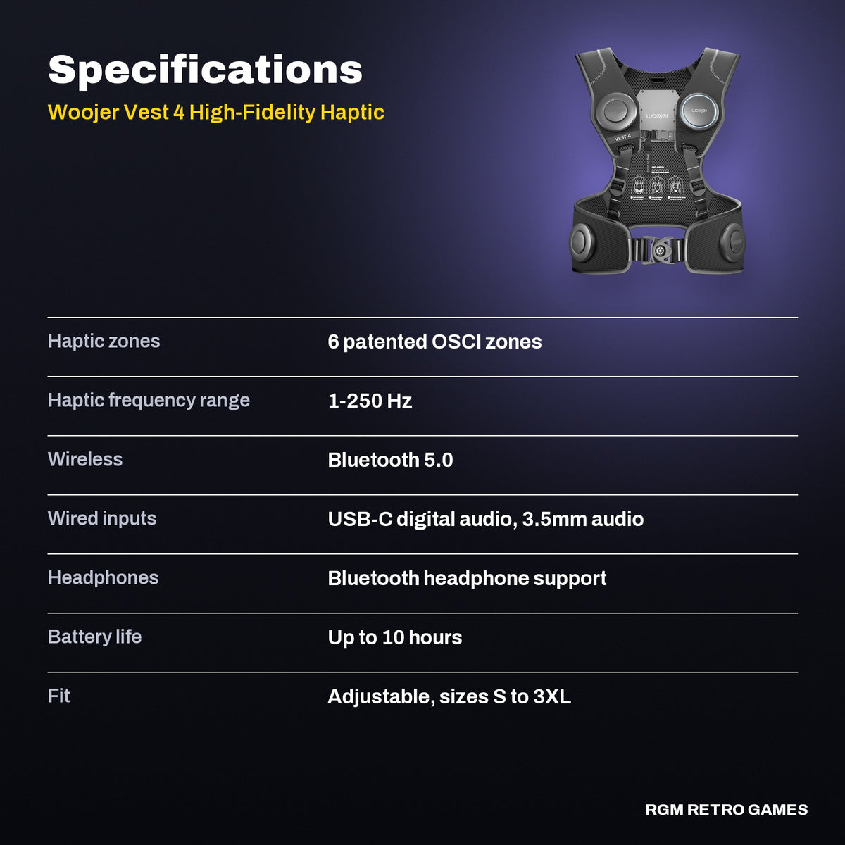 Woojer Vest 4 High-Fidelity Haptic Vest (Core Black) specifications