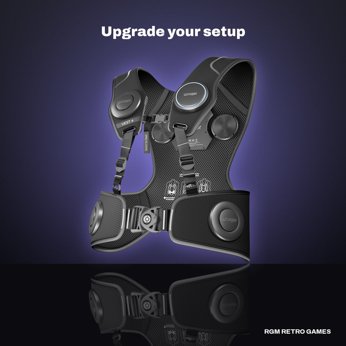 Woojer Vest 4 High-Fidelity Haptic Vest (Core Black) in a dark studio setting