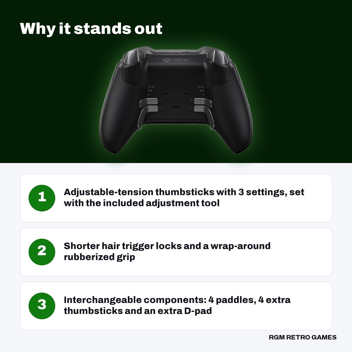 Xbox Elite Wireless Controller Series 2 (Black) key features: Adjustable-tension thumbsticks with 3 settings, set with the included adjustment tool, Shorter hair trigger locks and a wrap-around rubberized grip, Interchangeable components: 4 paddles, 4 extra thumbsticks and an extra D-pad