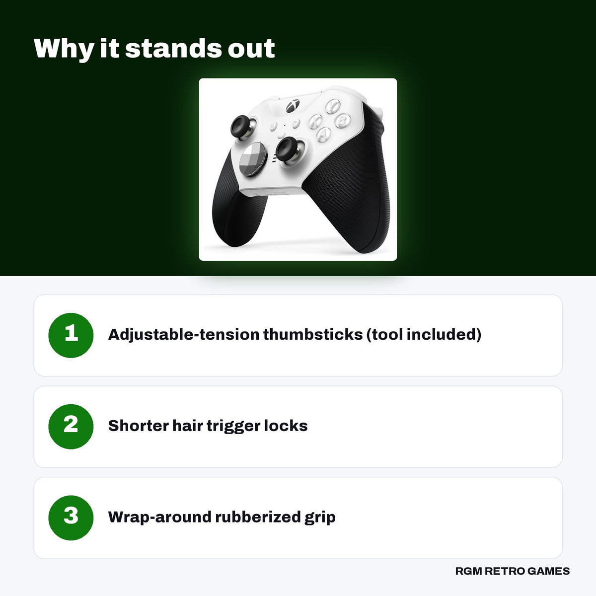 Xbox Elite Wireless Controller Series 2 - Core (White) key features: Adjustable-tension thumbsticks (tool included), Shorter hair trigger locks, Wrap-around rubberized grip