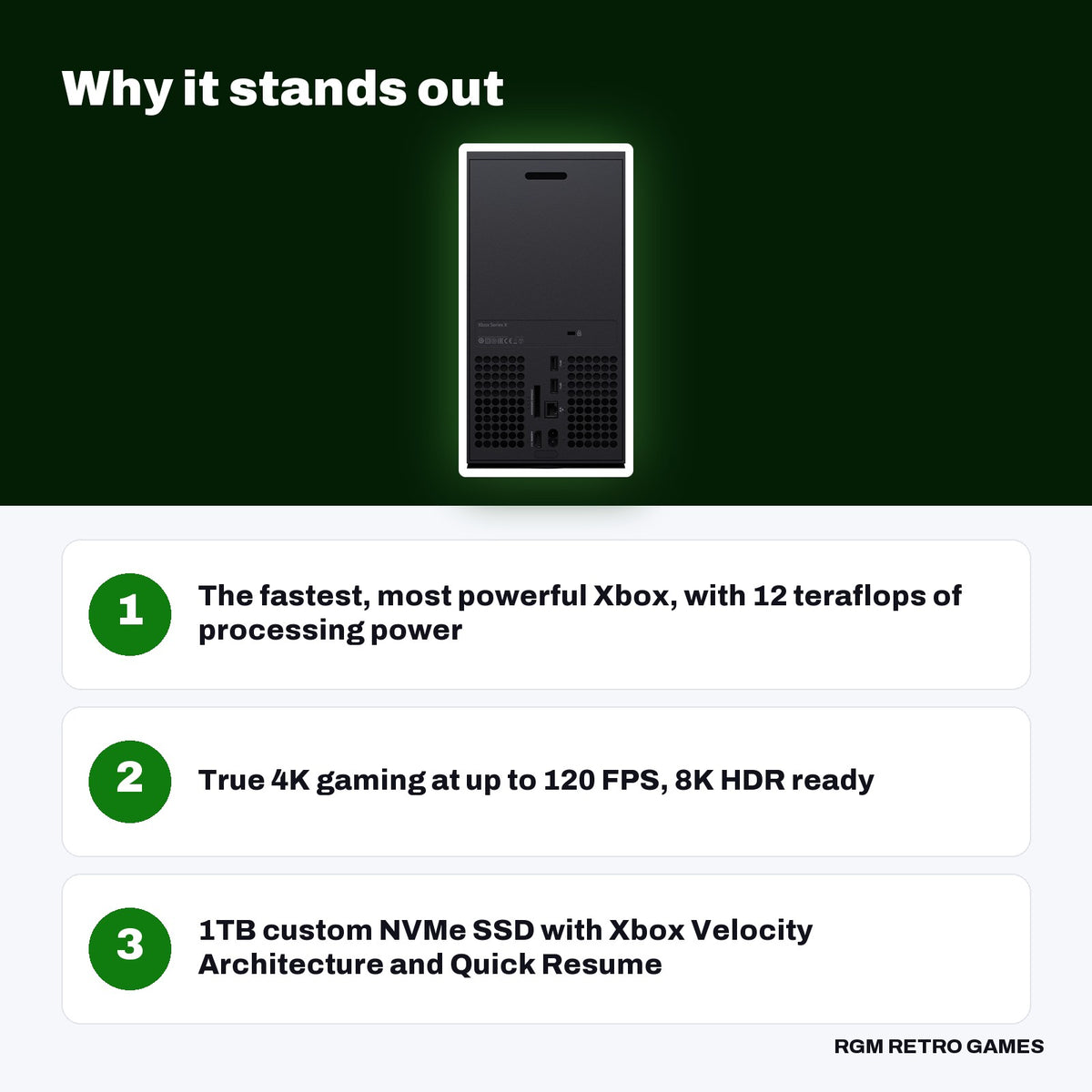 Xbox Series X 1TB Console - Carbon Black key features: The fastest, most powerful Xbox, with 12 teraflops of processing power, True 4K gaming at up to 120 FPS, 8K HDR ready, 1TB custom NVMe SSD with Xbox Velocity Architecture and Quick Resume